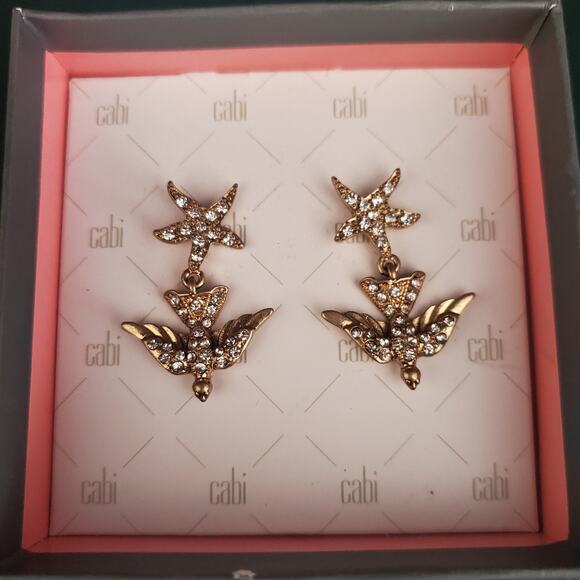Cabi Lookout Earrings‎ Bird and Starfish Charms Antique Gold Crystal Accents - Picture 1 of 7